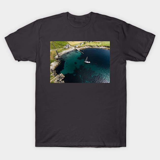 Yacht in Houbie Bay, Fetlar (2) T-Shirt by Avalinart